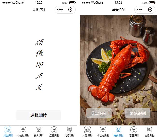 人脸识别小程序模板,美食识别小程序模板,地标识别小程序模板